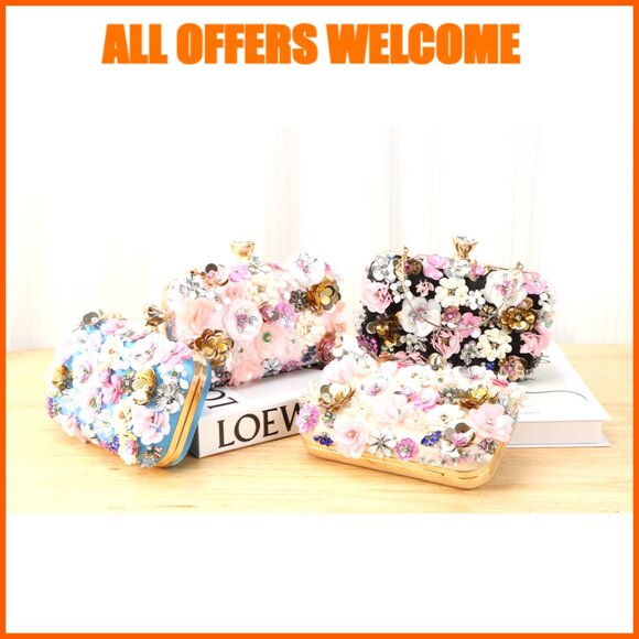 Evening Clutch with Detachable Chain Strap and 3D Flower Decor